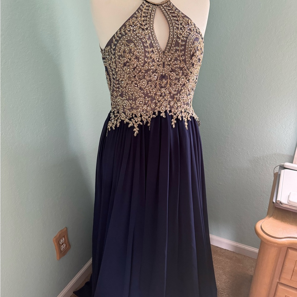 Dave & Johnny Cream and Gold Halter Gown